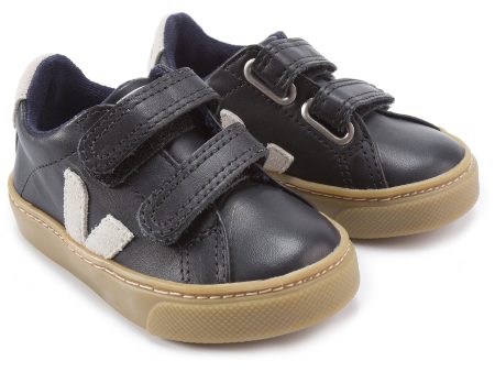 Baby Black Leather Velcro With White  V  Shoes Supply