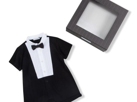 Baby Boys Black Bow Trims Cotton Short Babygrow Fashion