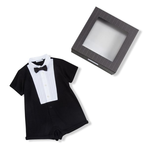 Baby Boys Black Bow Trims Cotton Short Babygrow Fashion