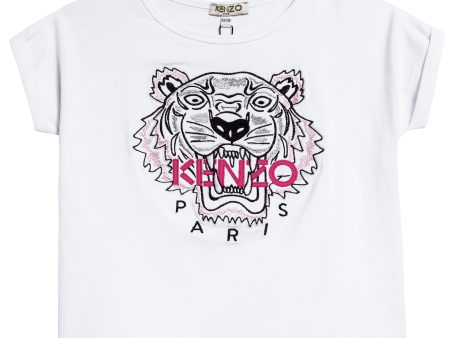 Girls White Tiger Printed Cotton T-shirt Discount