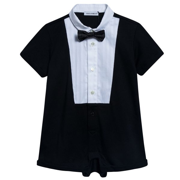 Baby Boys Black Bow Trims Cotton Short Babygrow Fashion